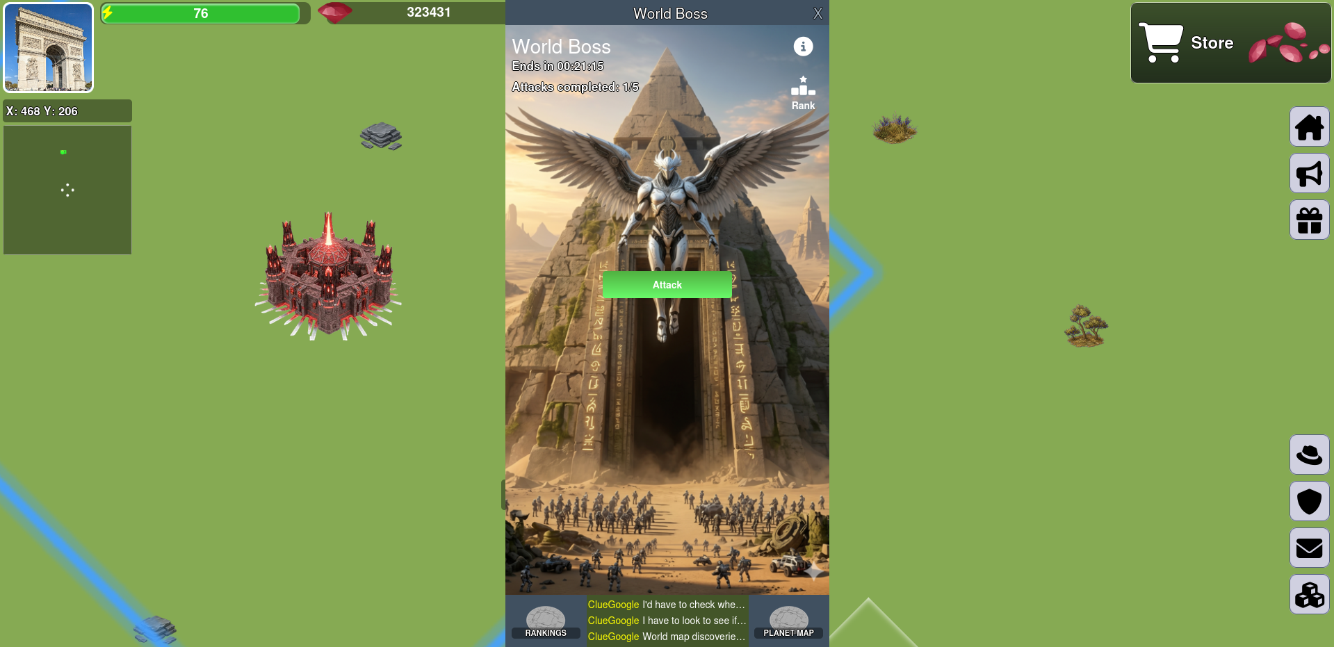 World Boss event with timer, attack count, rank control, and Attack action