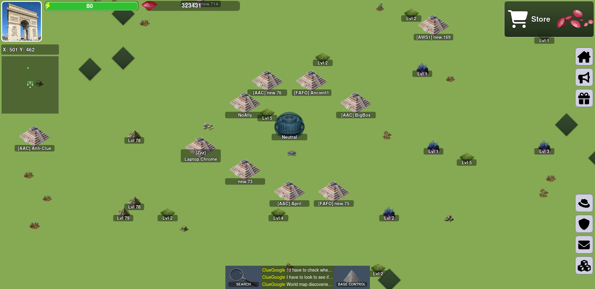 Battleforge Evolutions world map showing player colonies, resource sites, and a neutral objective